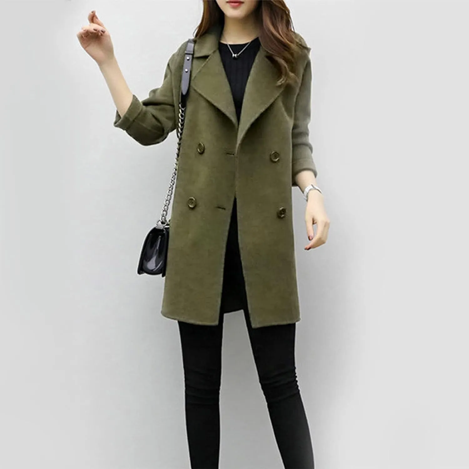 Women Elegant Notched Collar Double Breasted Wool Blend Over Coat Long Sleeve Warm Winter Mid Long Jacket 2024