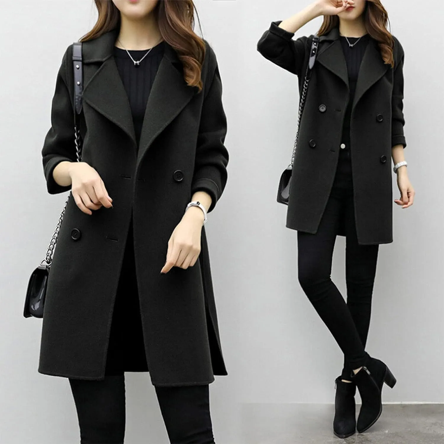Women Elegant Notched Collar Double Breasted Wool Blend Over Coat Long Sleeve Warm Winter Mid Long Jacket 2024