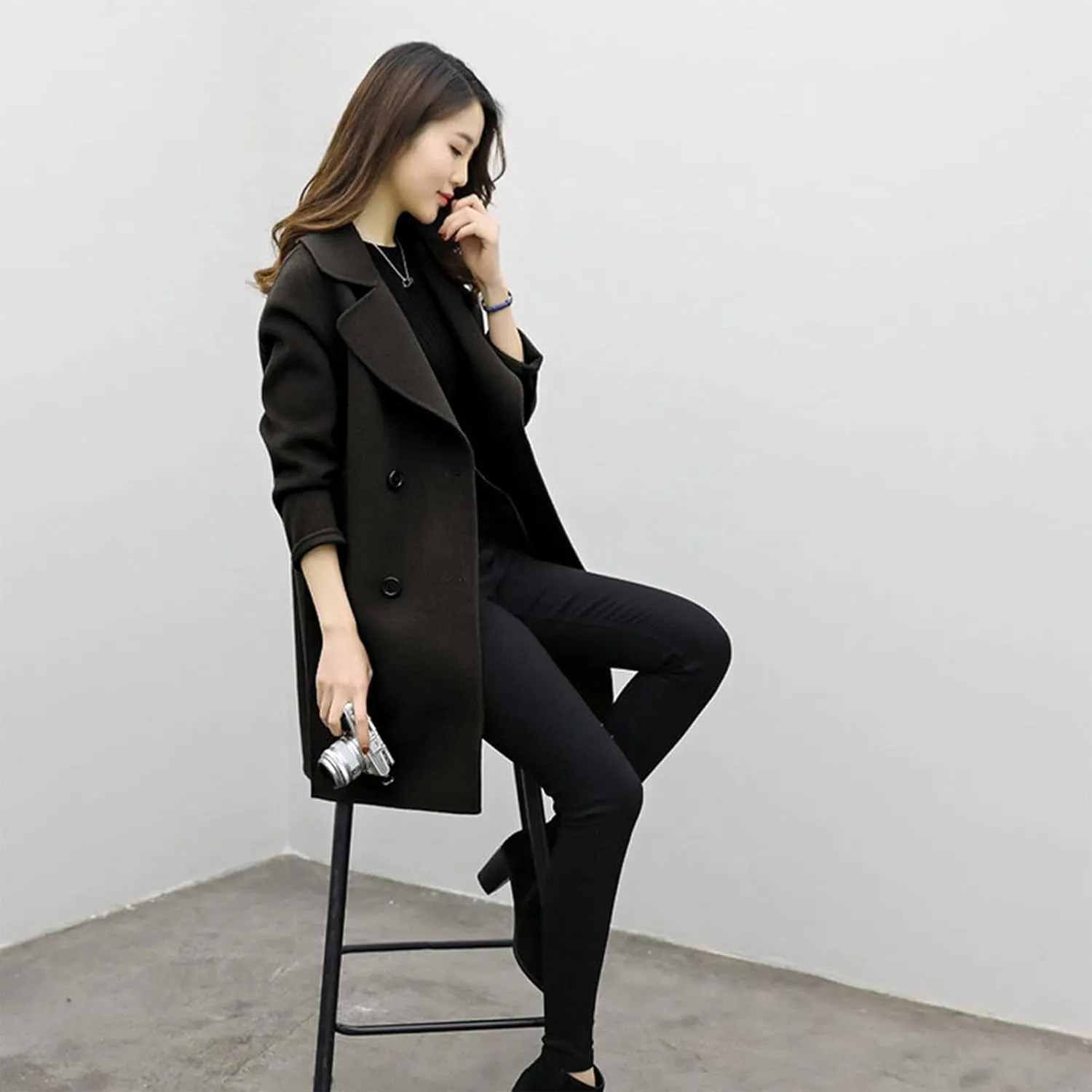 Women Elegant Notched Collar Double Breasted Wool Blend Over Coat Long Sleeve Warm Winter Mid Long Jacket 2024