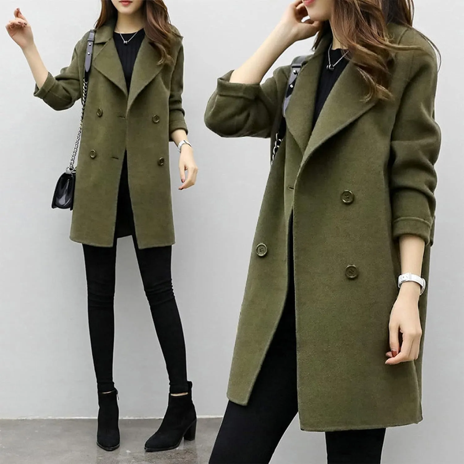 Women Elegant Notched Collar Double Breasted Wool Blend Over Coat Long Sleeve Warm Winter Mid Long Jacket 2024