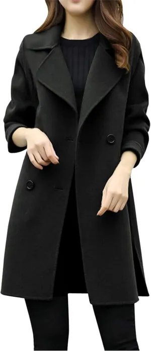 Women Elegant Notched Collar Double Breasted Wool Blend Over Coat Long Sleeve Warm Winter Mid Long Jacket 2024