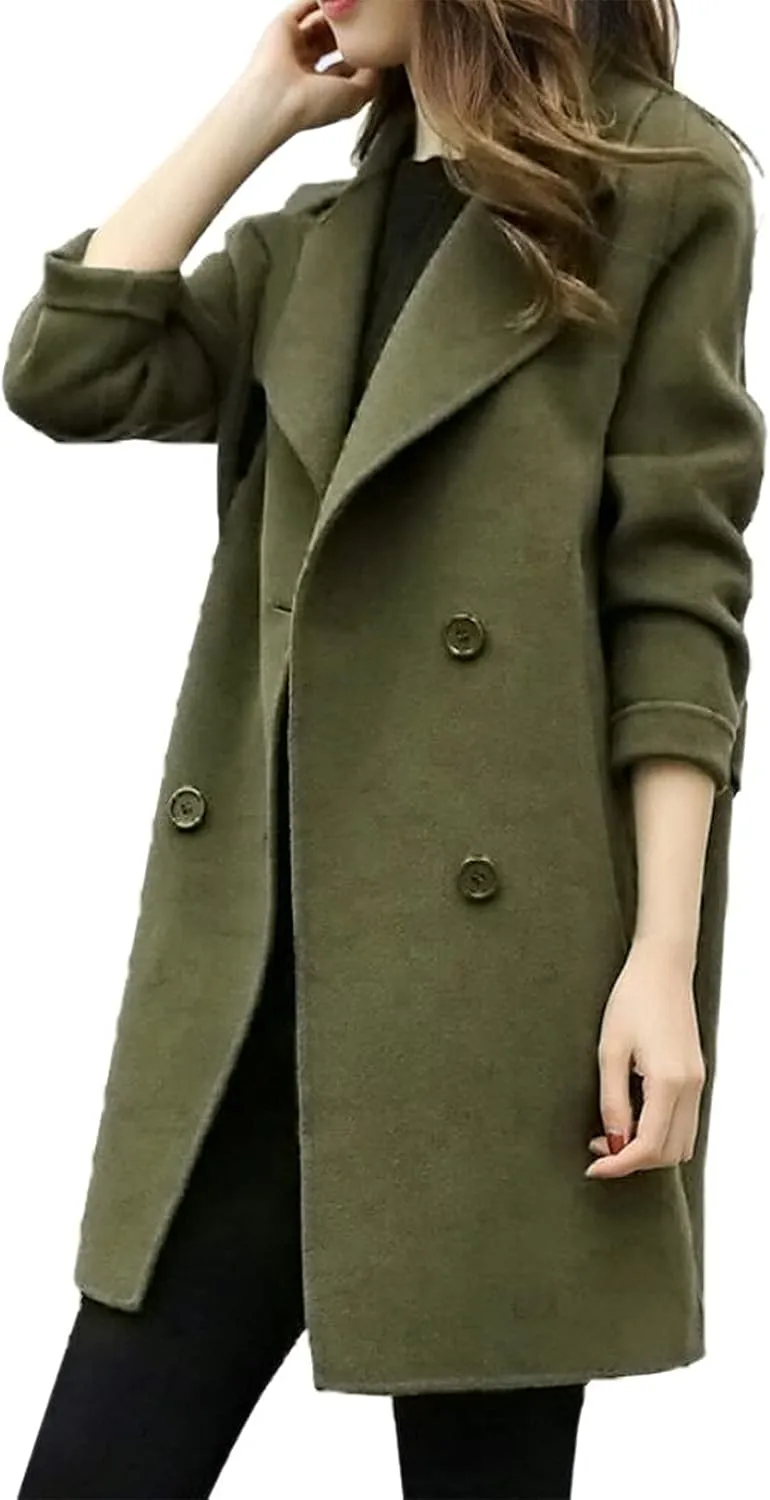 Women Elegant Notched Collar Double Breasted Wool Blend Over Coat Long Sleeve Warm Winter Mid Long Jacket 2024