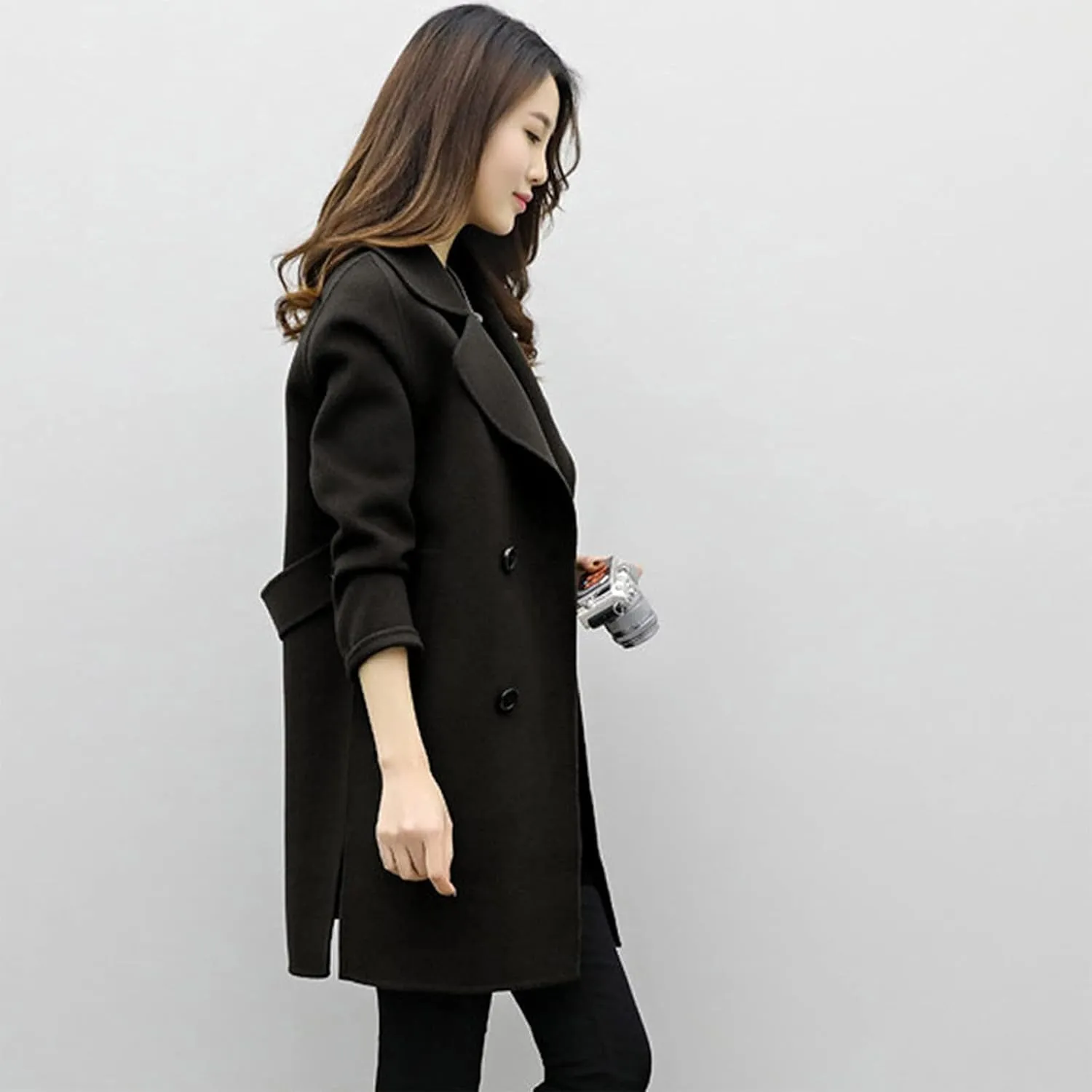 Women Elegant Notched Collar Double Breasted Wool Blend Over Coat Long Sleeve Warm Winter Mid Long Jacket 2024