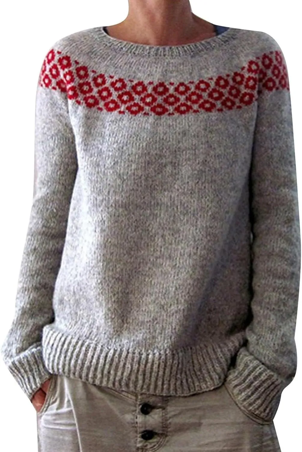 Women Fair Isle Sweaters Casual Scoop Neck Long Sleeved Vintage Sweater Loose Fuzzy Knitted Sweater Pullover Top