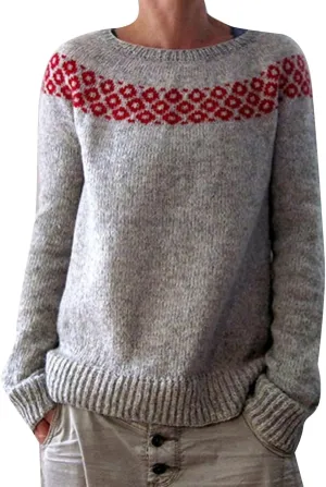 Women Fair Isle Sweaters Casual Scoop Neck Long Sleeved Vintage Sweater Loose Fuzzy Knitted Sweater Pullover Top