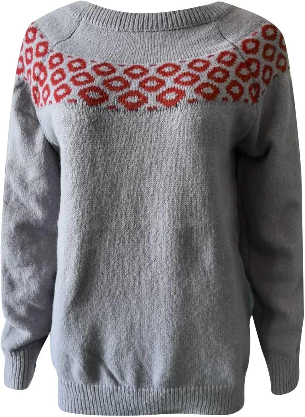 Women Fair Isle Sweaters Casual Scoop Neck Long Sleeved Vintage Sweater Loose Fuzzy Knitted Sweater Pullover Top