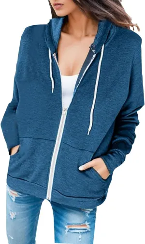 Women Fashion Hoodies Vintage Zipper Oversized Loose Fit Top Long Sleeve Solid Jackets Soft Outdoor Sweatshirt