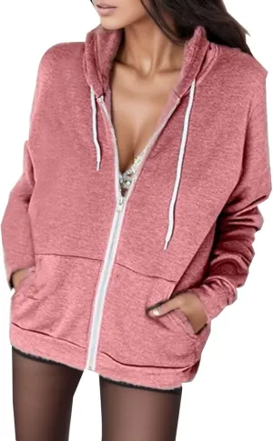 Women Fashion Hoodies Vintage Zipper Oversized Loose Fit Top Long Sleeve Solid Jackets Soft Outdoor Sweatshirt