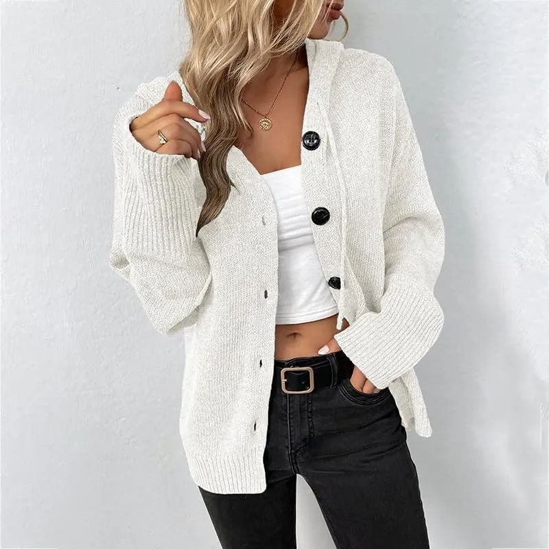 Women Hooded Sweater Tops Solid Cable Knit Cardigans Button Down Open Front Sweater Coat with Drawstring