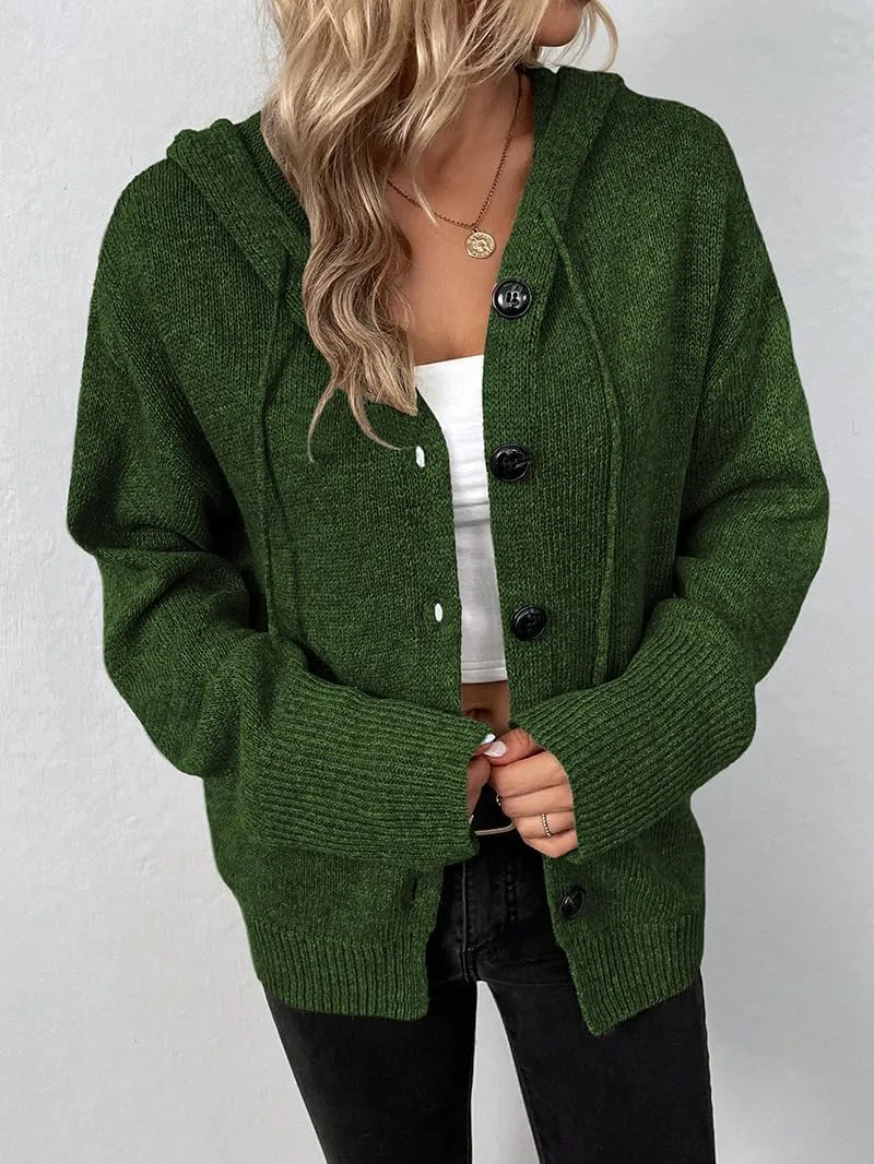 Women Hooded Sweater Tops Solid Cable Knit Cardigans Button Down Open Front Sweater Coat with Drawstring