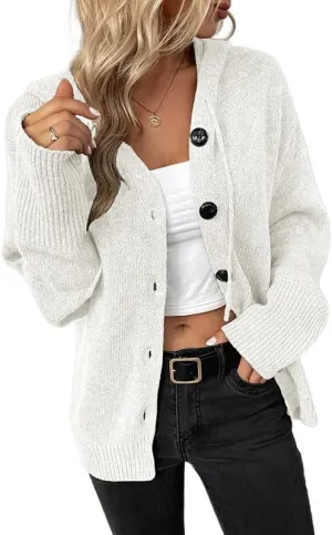 Women Hooded Sweater Tops Solid Cable Knit Cardigans Button Down Open Front Sweater Coat with Drawstring