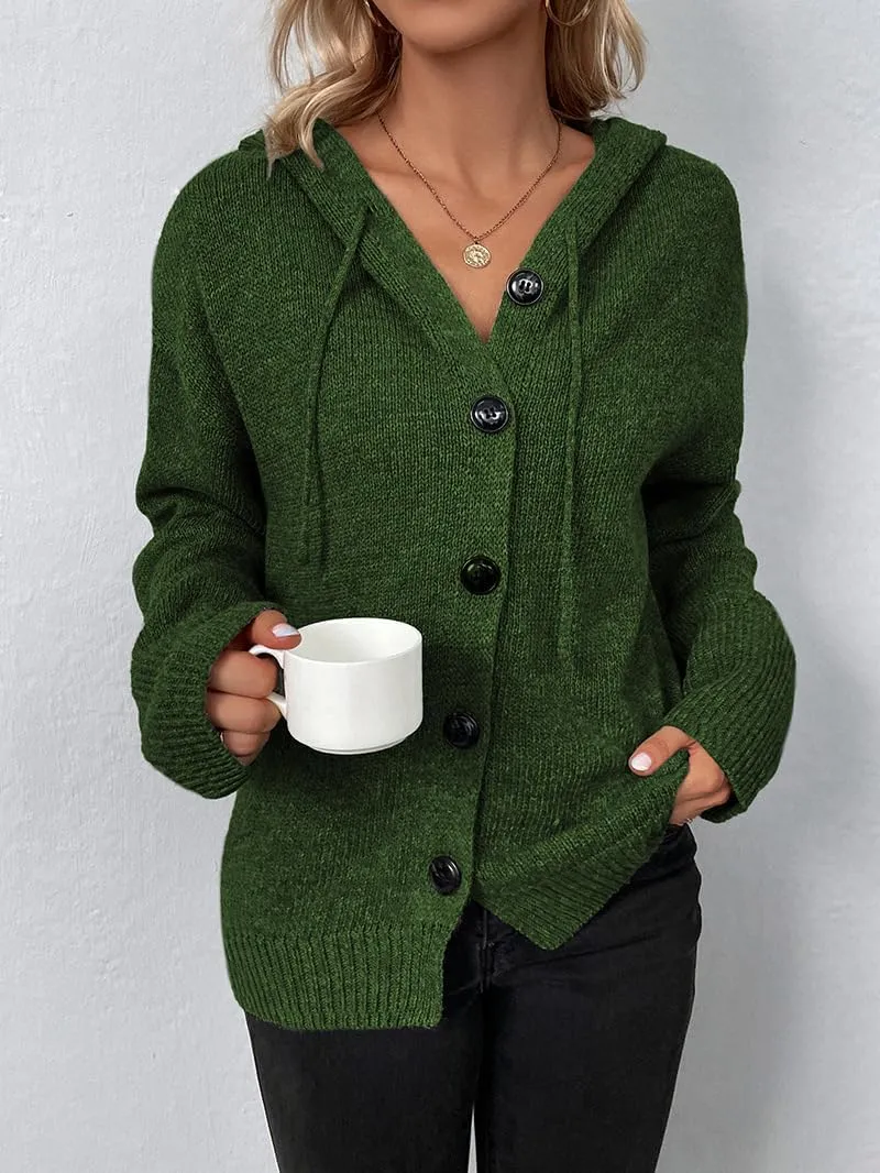 Women Hooded Sweater Tops Solid Cable Knit Cardigans Button Down Open Front Sweater Coat with Drawstring