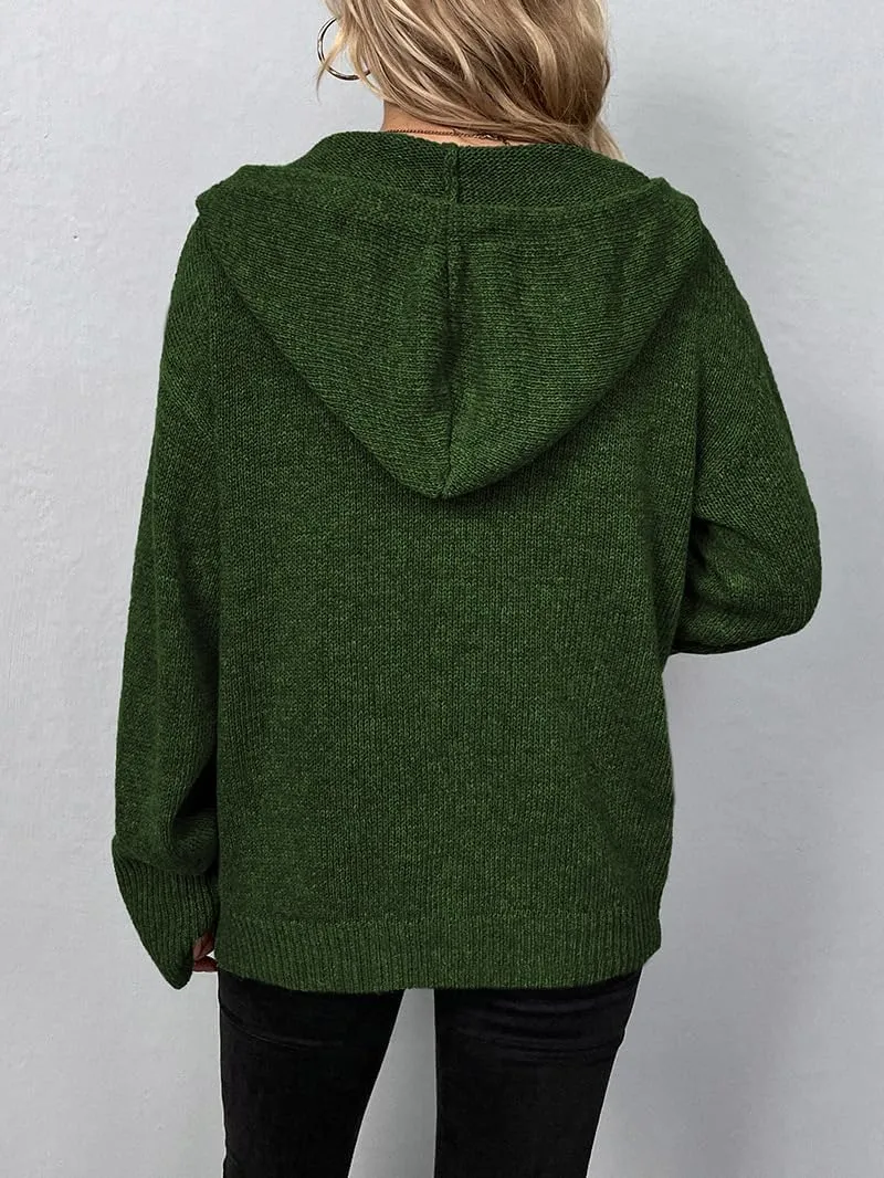 Women Hooded Sweater Tops Solid Cable Knit Cardigans Button Down Open Front Sweater Coat with Drawstring