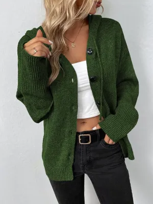 Women Hooded Sweater Tops Solid Cable Knit Cardigans Button Down Open Front Sweater Coat with Drawstring