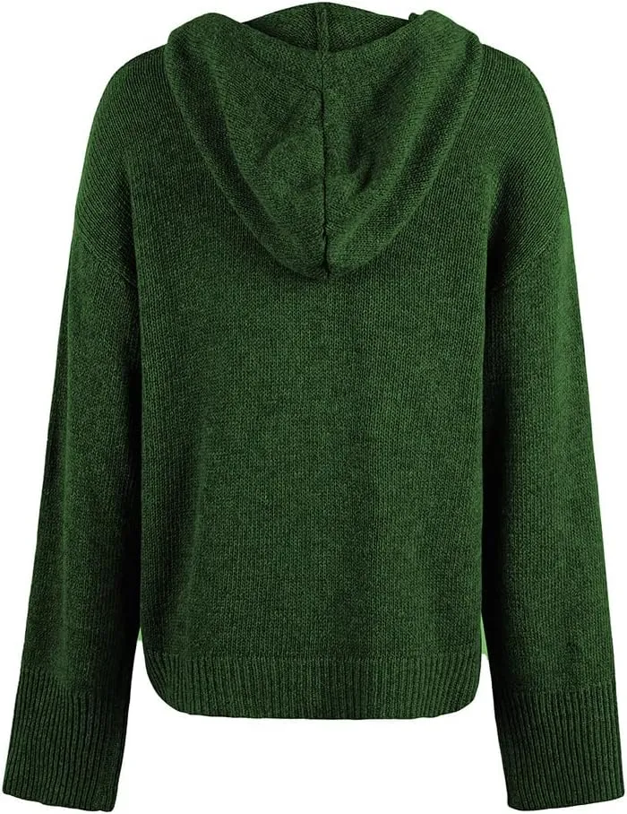 Women Hooded Sweater Tops Solid Cable Knit Cardigans Button Down Open Front Sweater Coat with Drawstring
