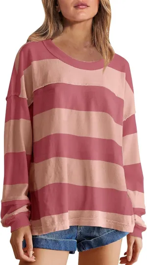 Women Long Sleeve Lightweight Sweatshirts 2024 Fall Fashion Striped Pullover Tops Loose Casual Sweatshirt