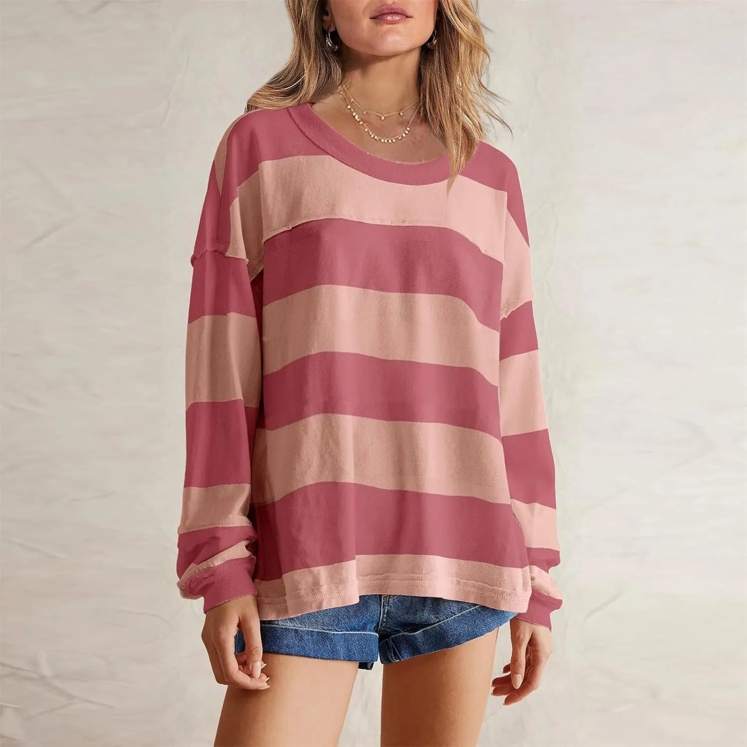 Women Long Sleeve Lightweight Sweatshirts 2024 Fall Fashion Striped Pullover Tops Loose Casual Sweatshirt