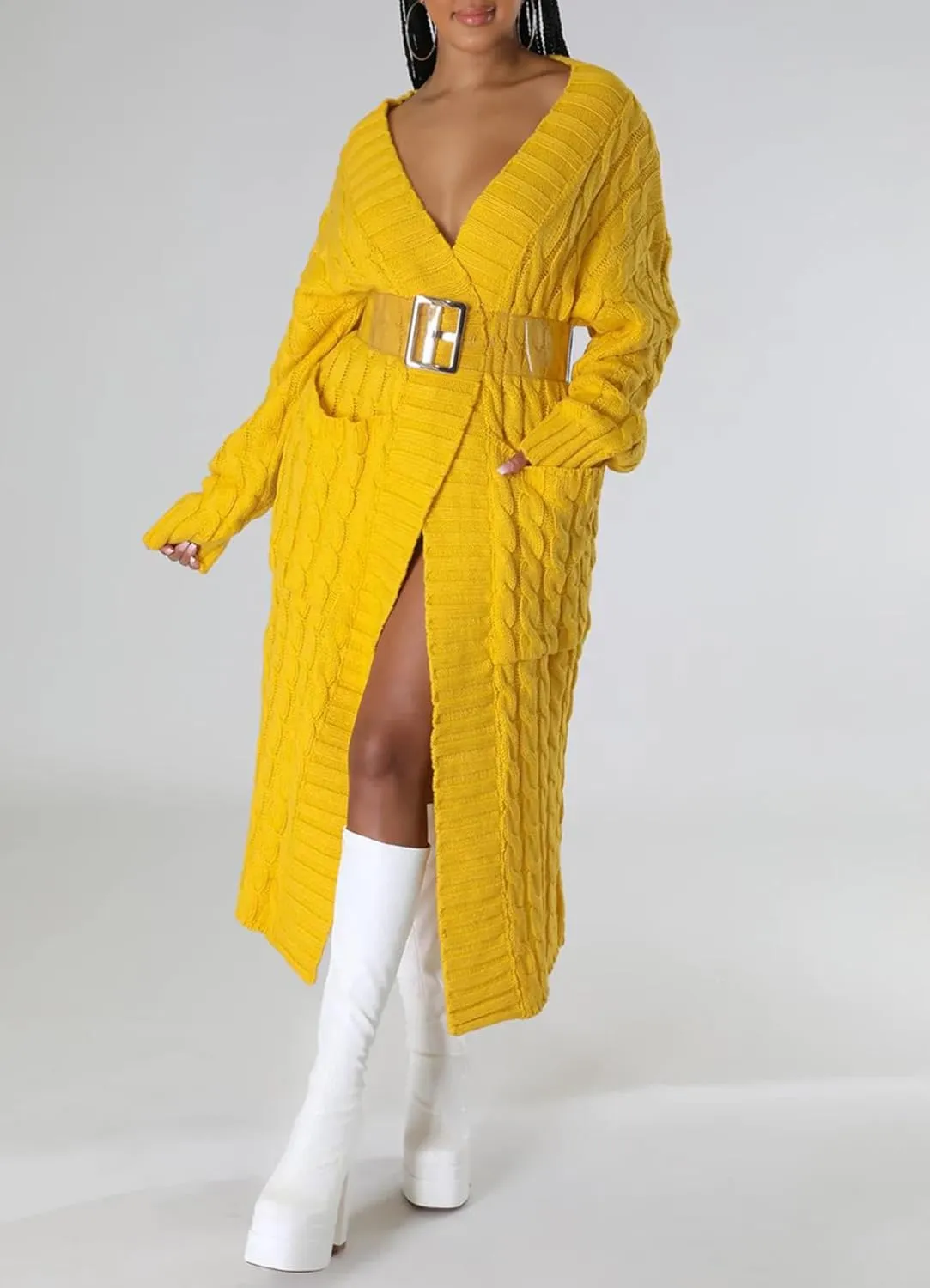 Women Long Sleeve Open Front Cardigan Sweaters Lightweight Chunky Cable Knit Draped Outwear Pockets Kimonos Outfits