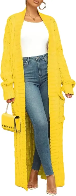 Women Long Sleeve Open Front Cardigan Sweaters Lightweight Chunky Cable Knit Draped Outwear Pockets Kimonos Outfits