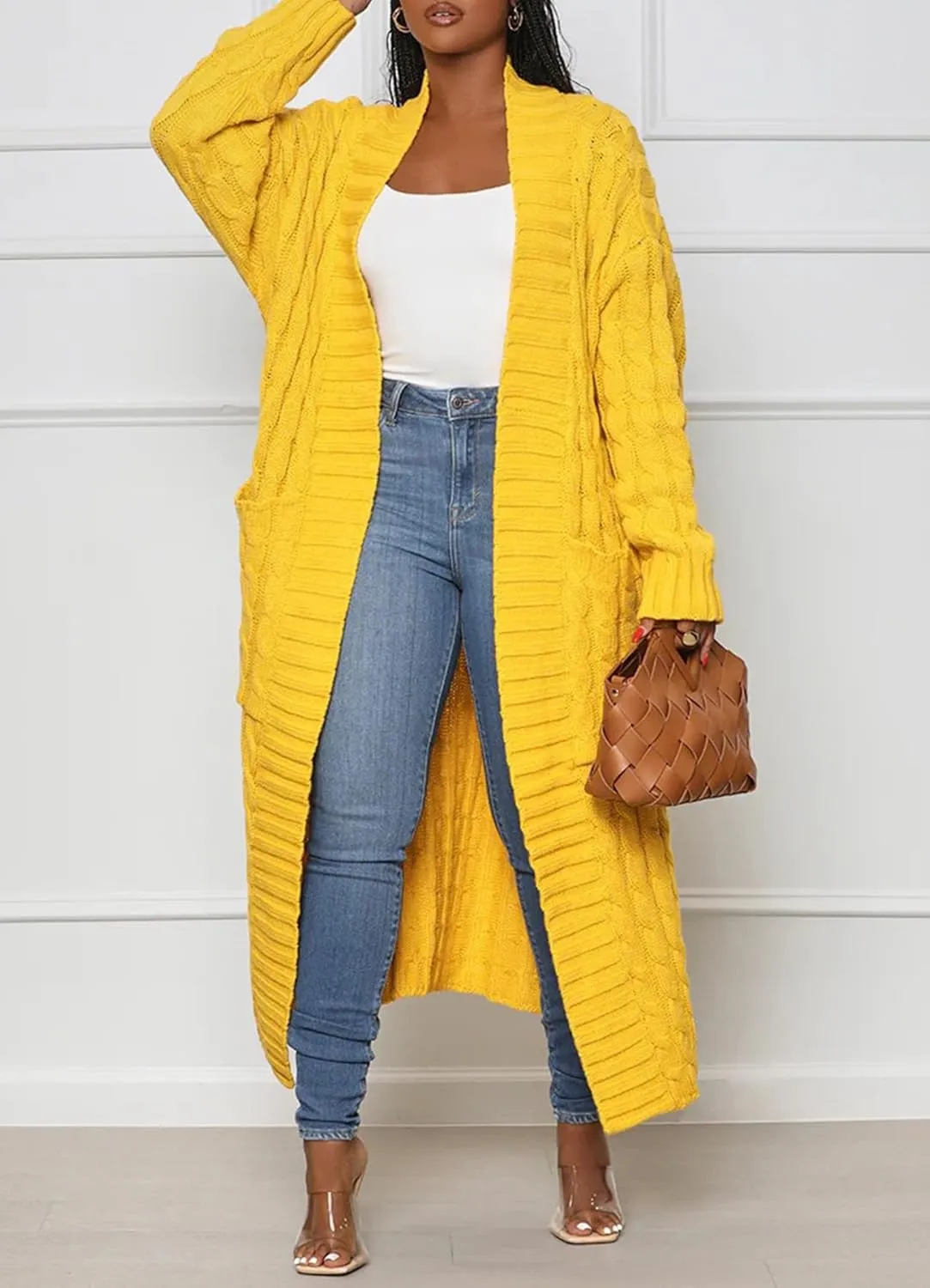 Women Long Sleeve Open Front Cardigan Sweaters Lightweight Chunky Cable Knit Draped Outwear Pockets Kimonos Outfits