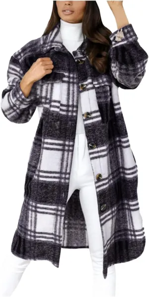 Women Long Sleeve Plaid Print Button Open Front Long Coat Cardigan Outerwear Leopard Kimono