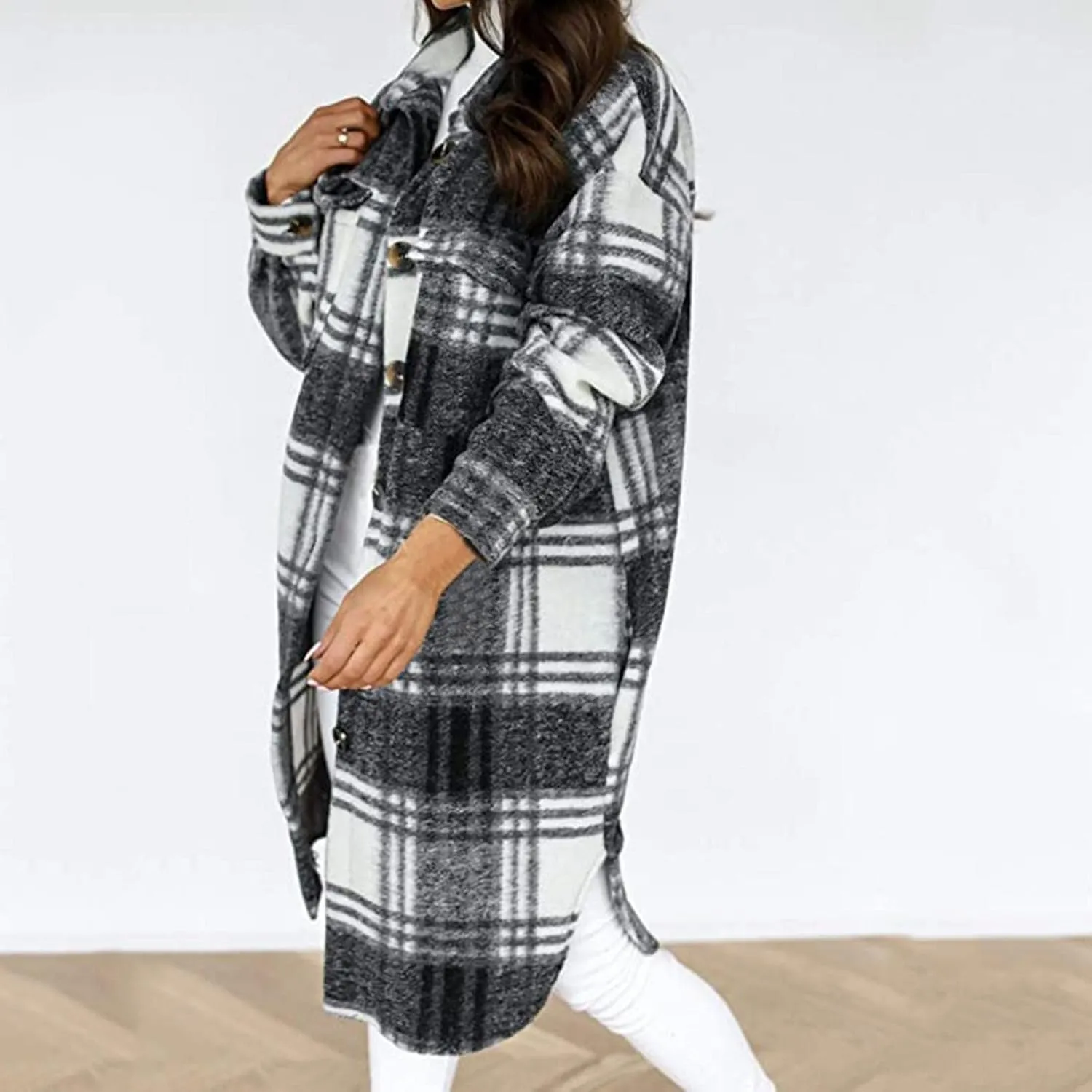 Women Long Sleeve Plaid Print Button Open Front Long Coat Cardigan Outerwear Leopard Kimono