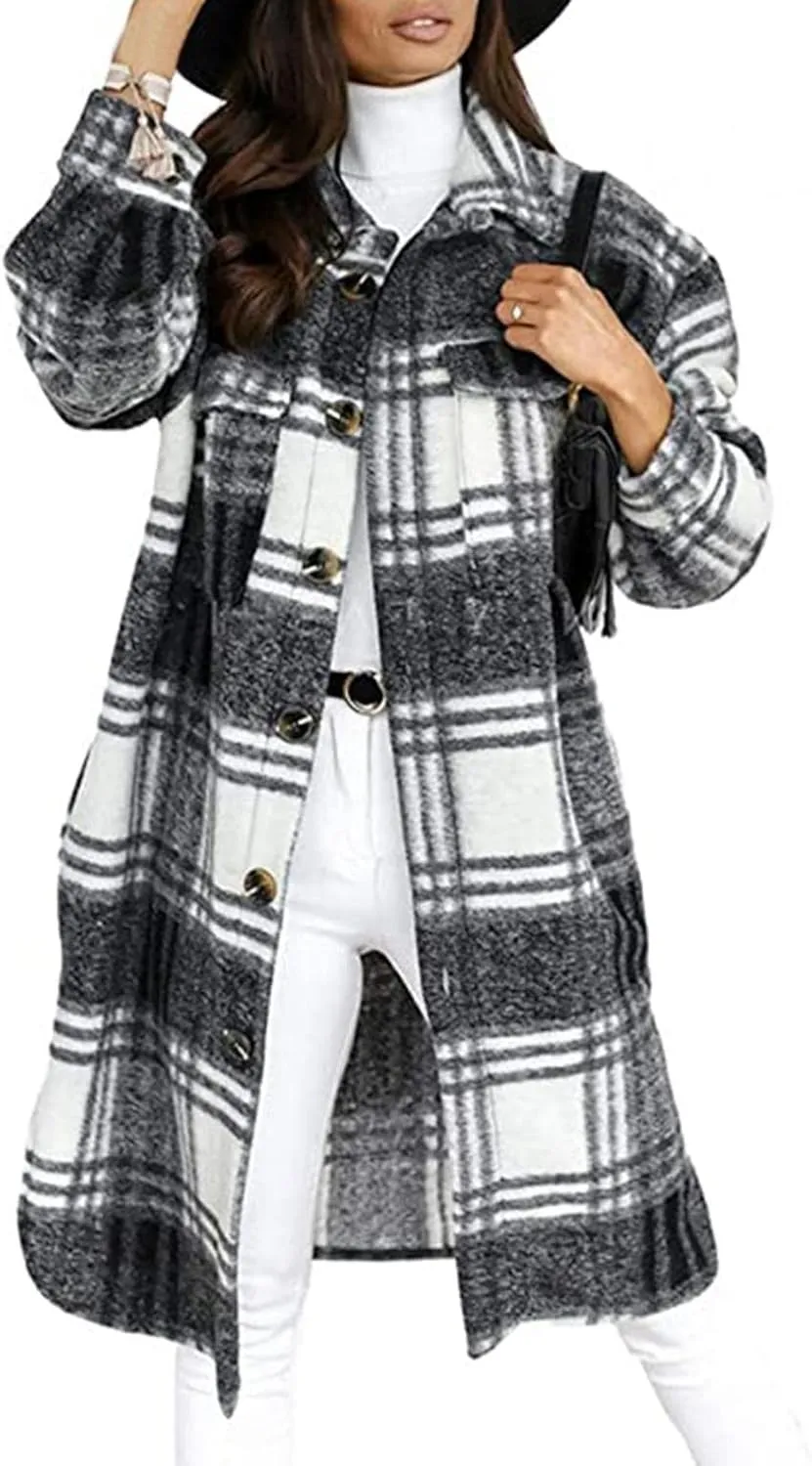 Women Long Sleeve Plaid Print Button Open Front Long Coat Cardigan Outerwear Leopard Kimono