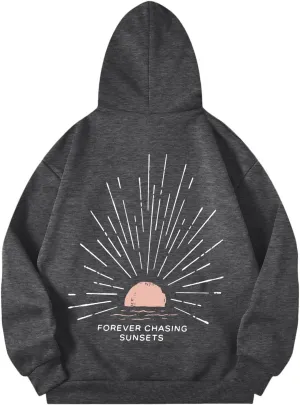 Women Oversized Hoodie Beachy Sweatshirt Letter Printed Always Chasing Sunsets Hoodies Solid Color Soft Top