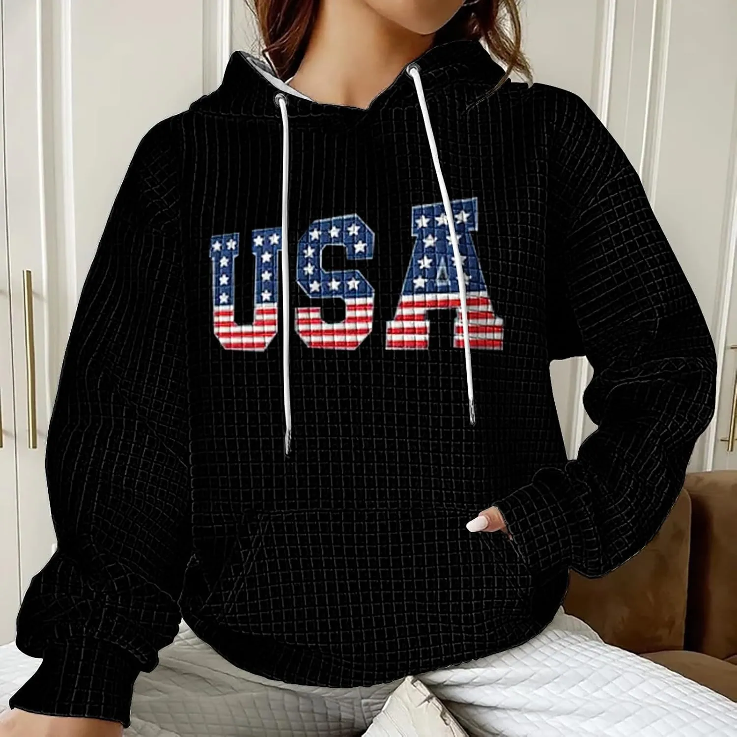 Women Oversized Hoodies Casual Graphic Trendy Hoodies Loose Ffit Tops Long Long Sleeve Drawstring Waffle Pullover