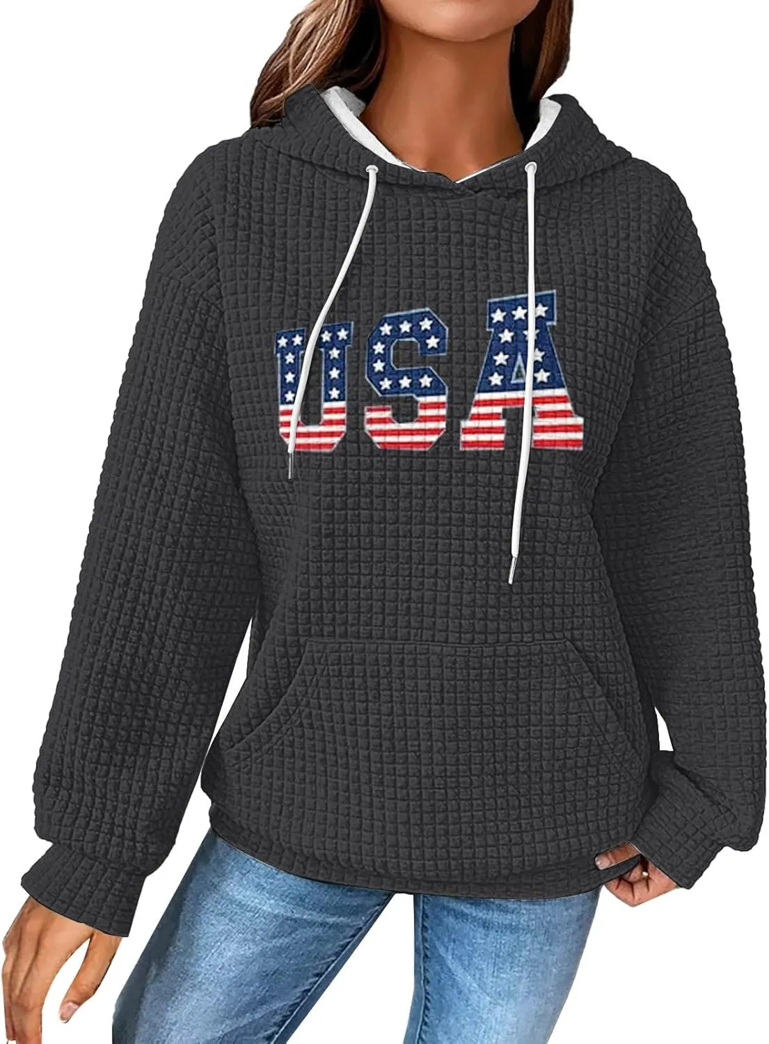 Women Oversized Hoodies Casual Graphic Trendy Hoodies Loose Ffit Tops Long Long Sleeve Drawstring Waffle Pullover