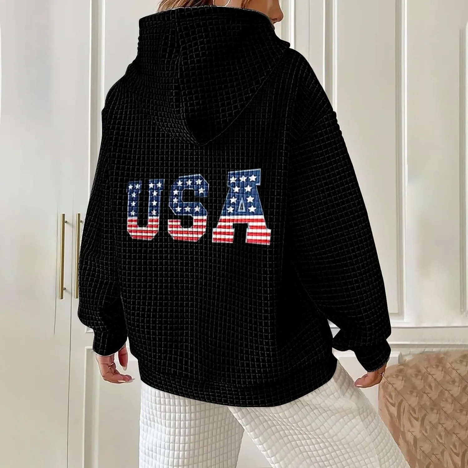 Women Oversized Hoodies Casual Graphic Trendy Hoodies Loose Ffit Tops Long Long Sleeve Drawstring Waffle Pullover