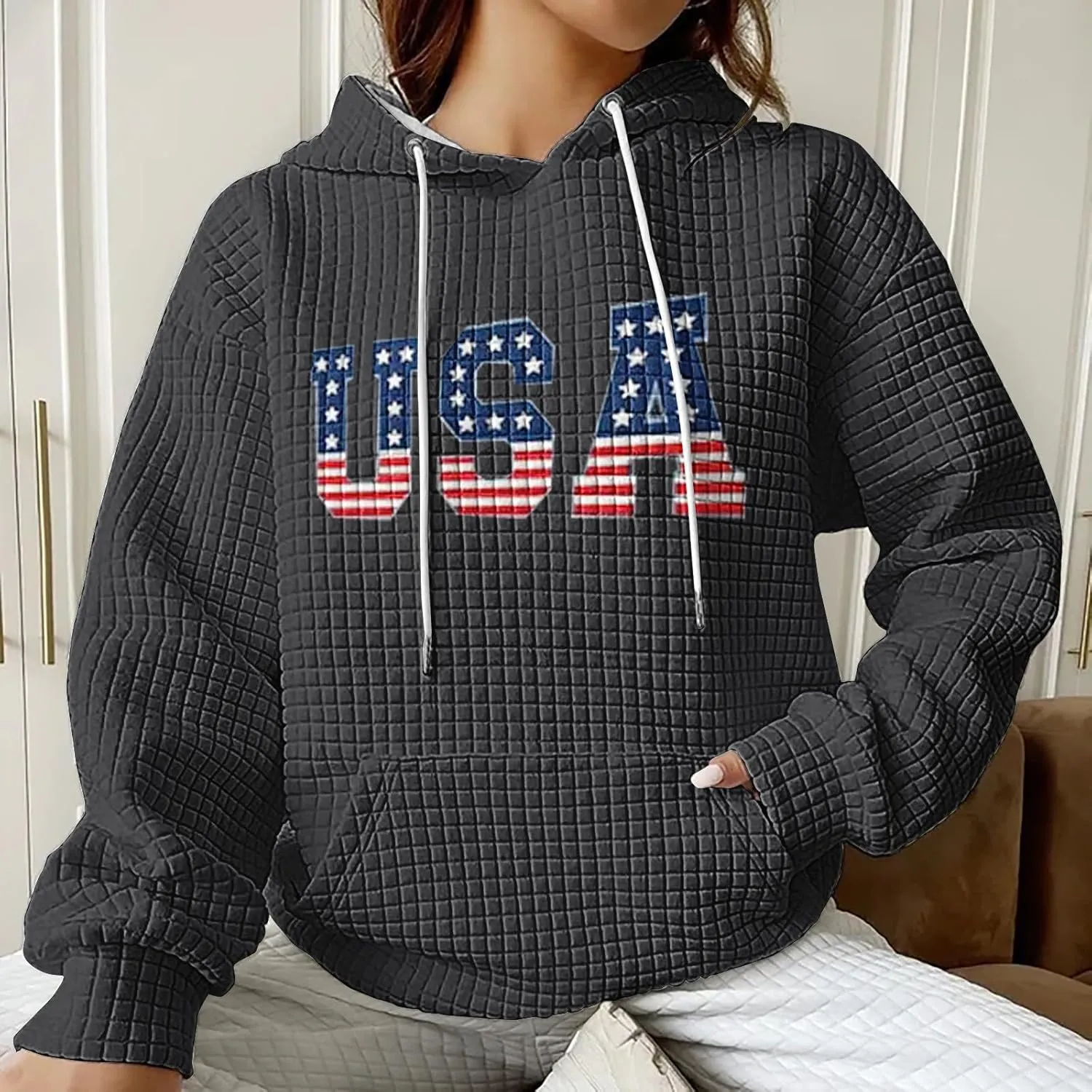 Women Oversized Hoodies Casual Graphic Trendy Hoodies Loose Ffit Tops Long Long Sleeve Drawstring Waffle Pullover