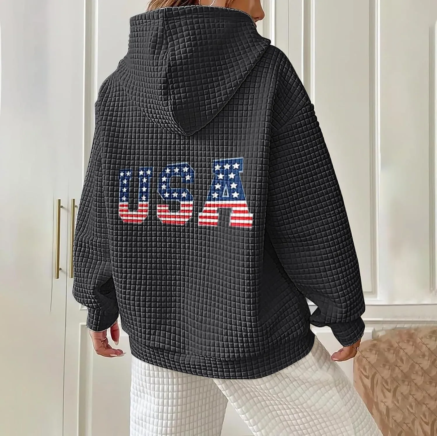 Women Oversized Hoodies Casual Graphic Trendy Hoodies Loose Ffit Tops Long Long Sleeve Drawstring Waffle Pullover