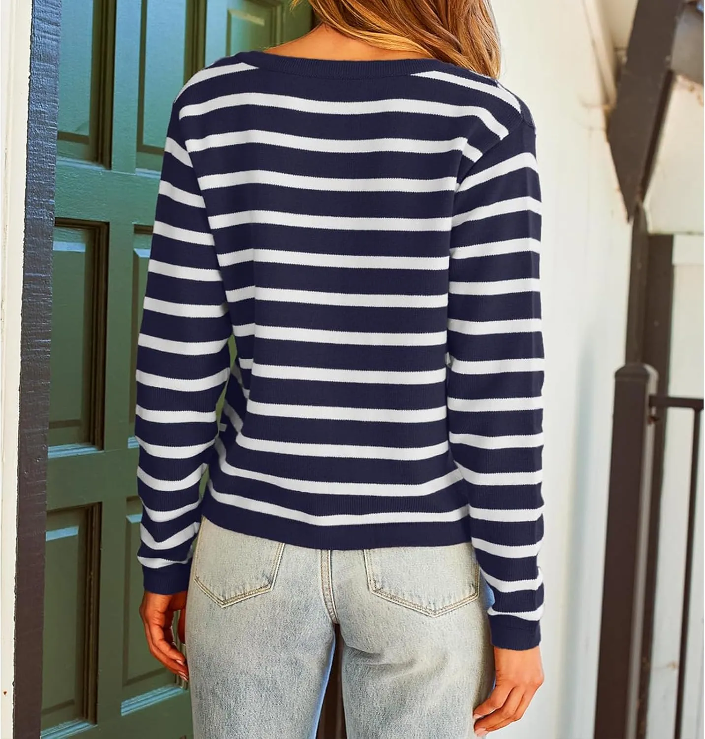 Women Striped Cardigan Sweaters Casual Long Sleeve Button Down Cropped Jackets Coat Fall Knit Sweater