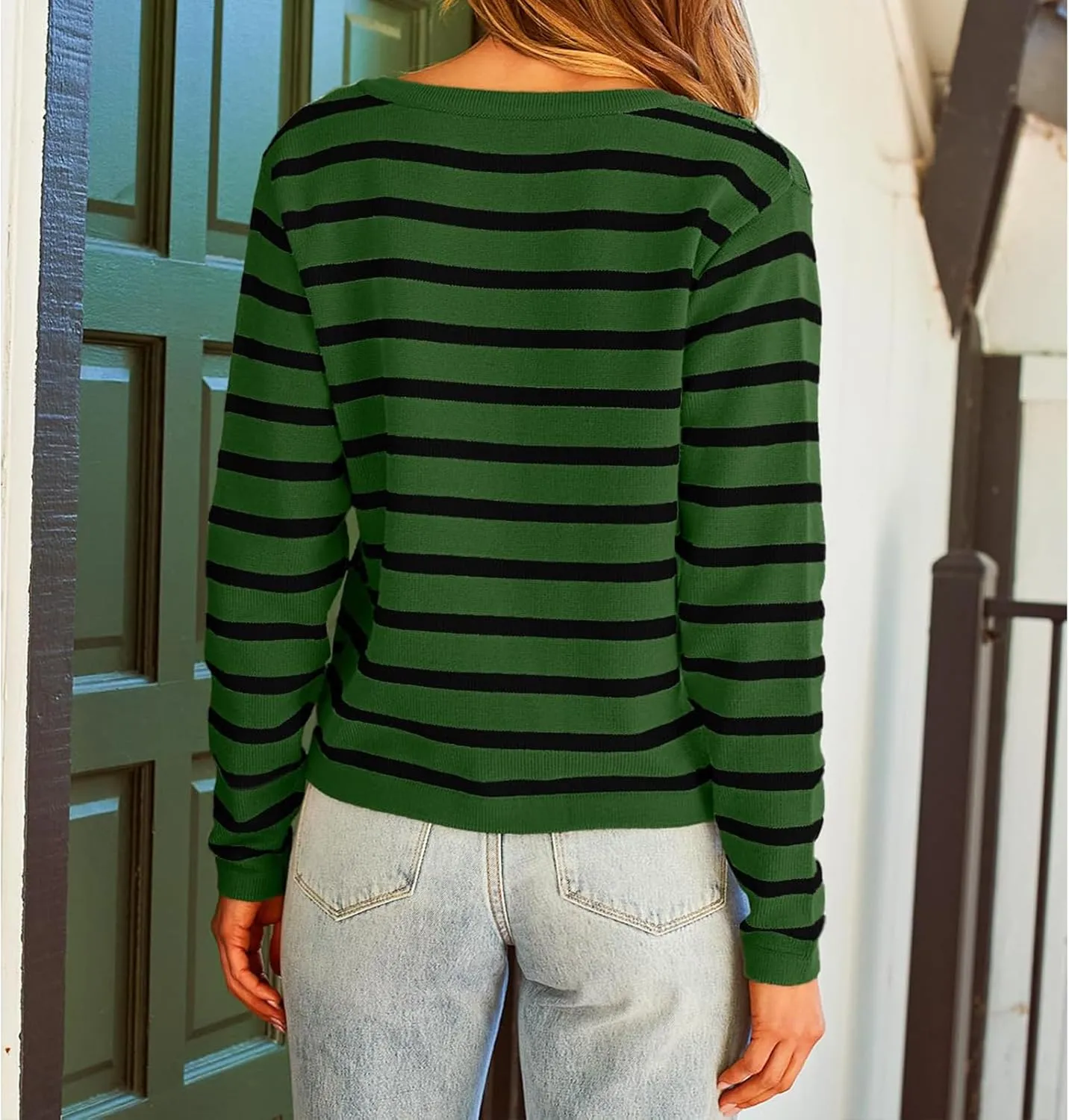 Women Striped Cardigan Sweaters Casual Long Sleeve Button Down Cropped Jackets Coat Fall Knit Sweater