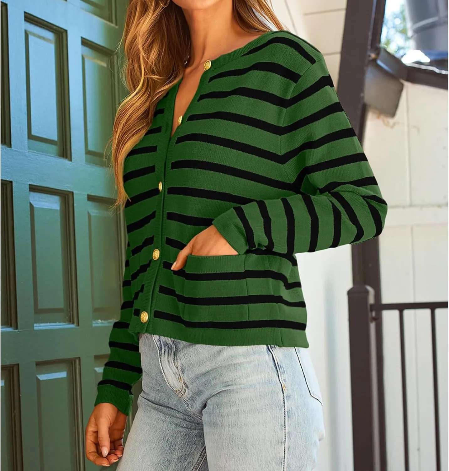 Women Striped Cardigan Sweaters Casual Long Sleeve Button Down Cropped Jackets Coat Fall Knit Sweater