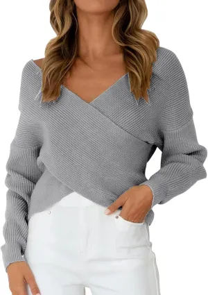Women Sweater Cable Knit Solid Color V Neck Long Sleeve Soft Casual Lightweight Pullover Tops