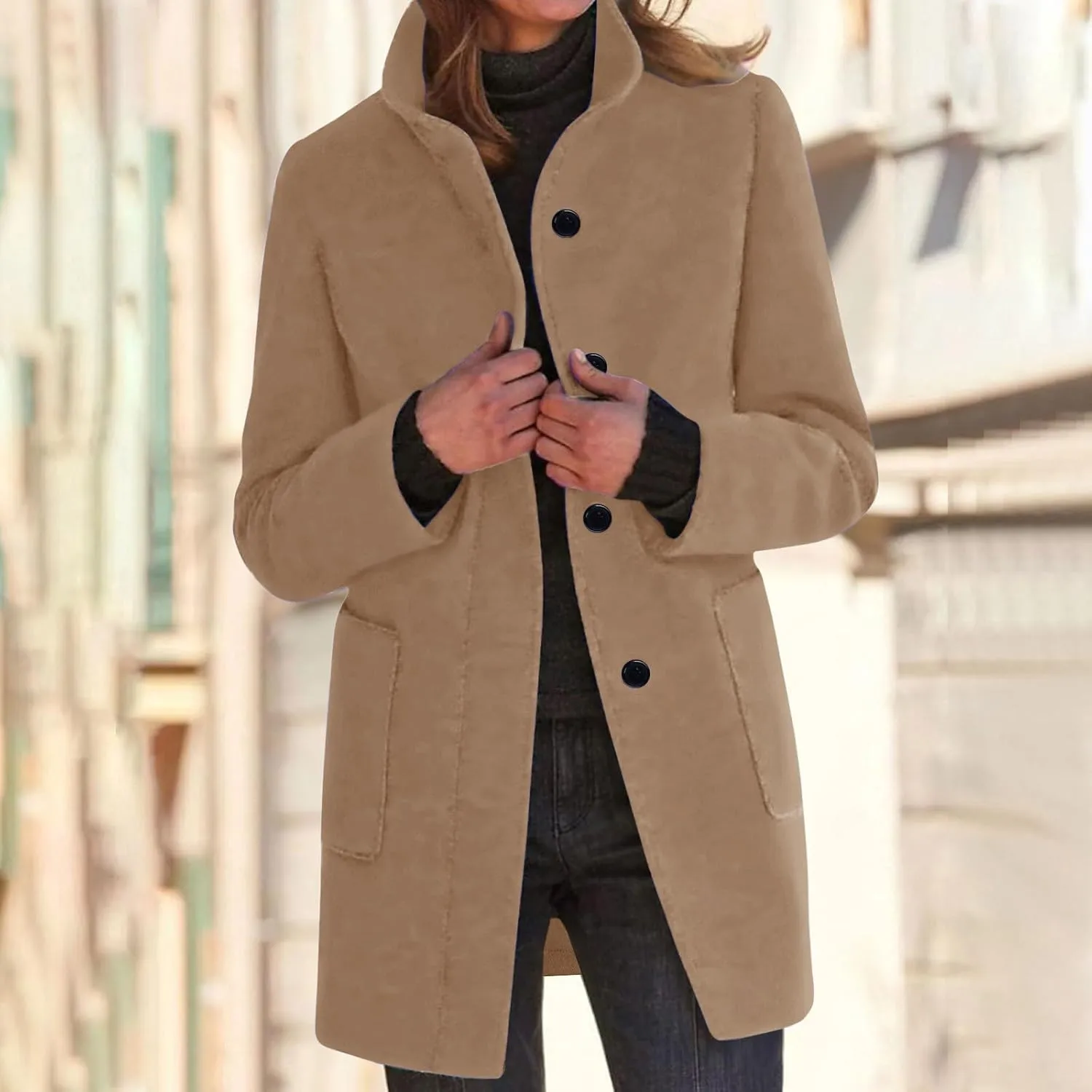 Women Trench Coat Casual Single Breasted Midi Peacoat Trench Coats Fall Winter Wool Coats with Pockets