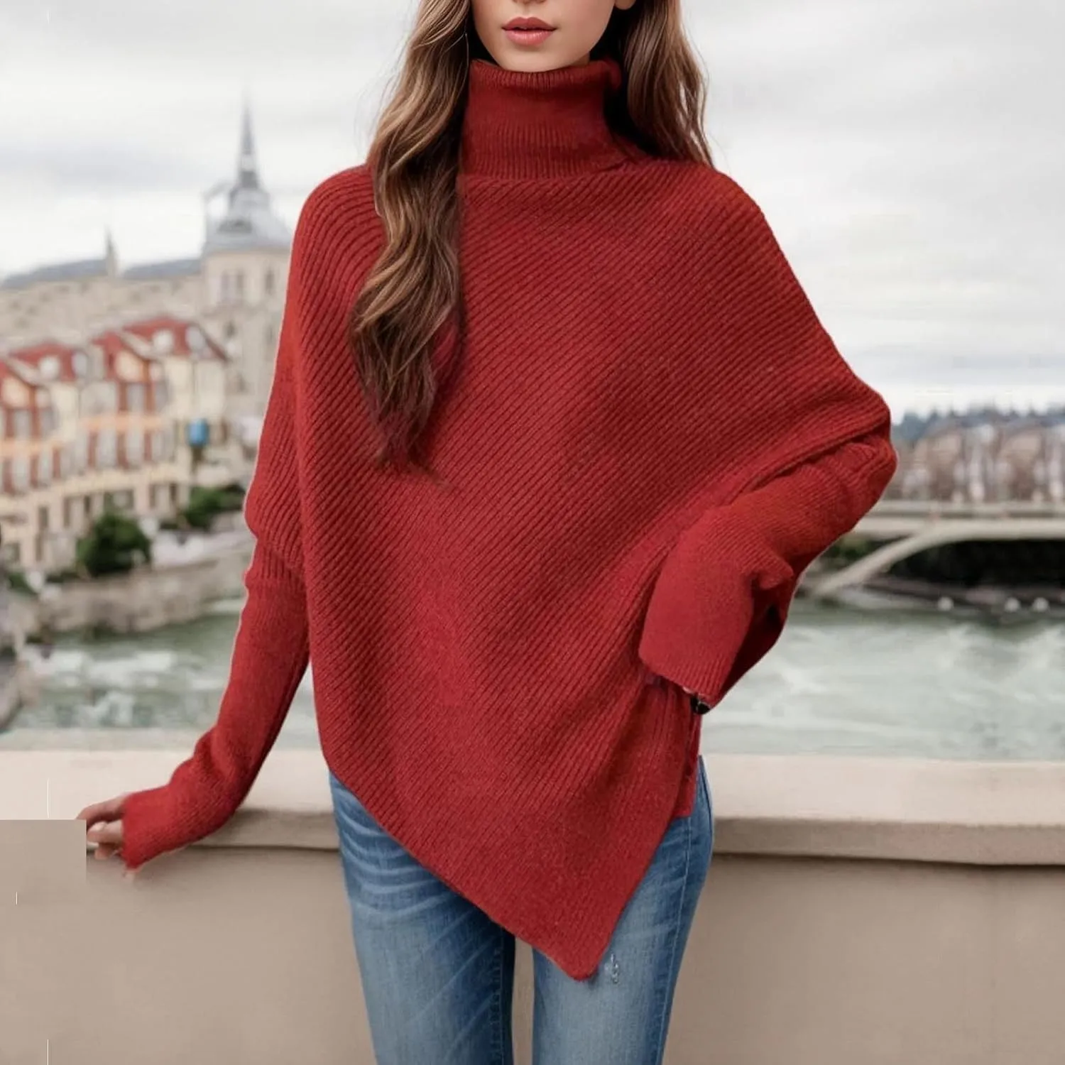 Women Turtleneck Ribbed Knit Sweater, Oversized Long Sleeve Casual Warm Pullover Fashion Asymmetric Hem Jumper Tops