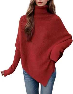 Women Turtleneck Ribbed Knit Sweater, Oversized Long Sleeve Casual Warm Pullover Fashion Asymmetric Hem Jumper Tops