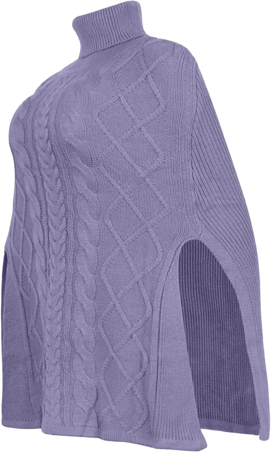 Women Turtleneck Sweaters Split Hem Pullover Knit Sweater Tops Cape Turtleneck Poncho Sweater Women