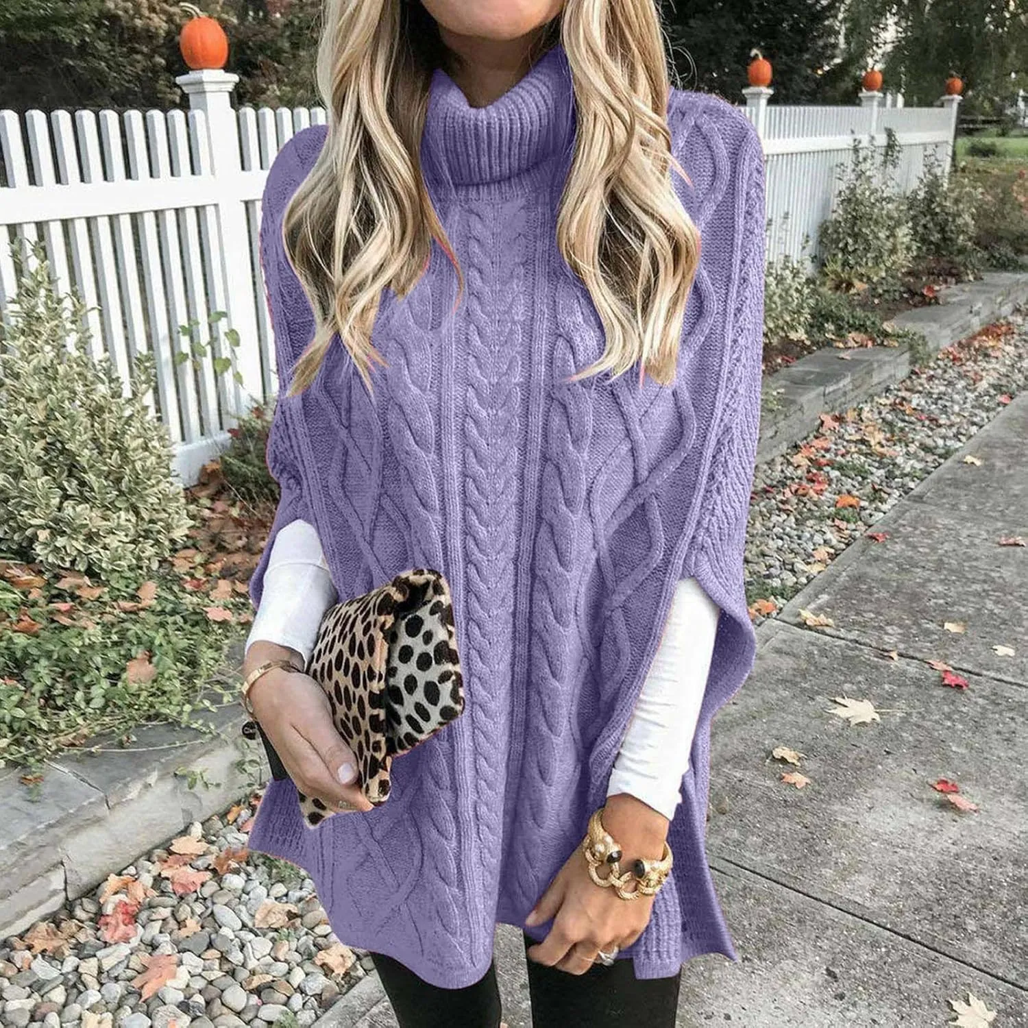 Women Turtleneck Sweaters Split Hem Pullover Knit Sweater Tops Cape Turtleneck Poncho Sweater Women