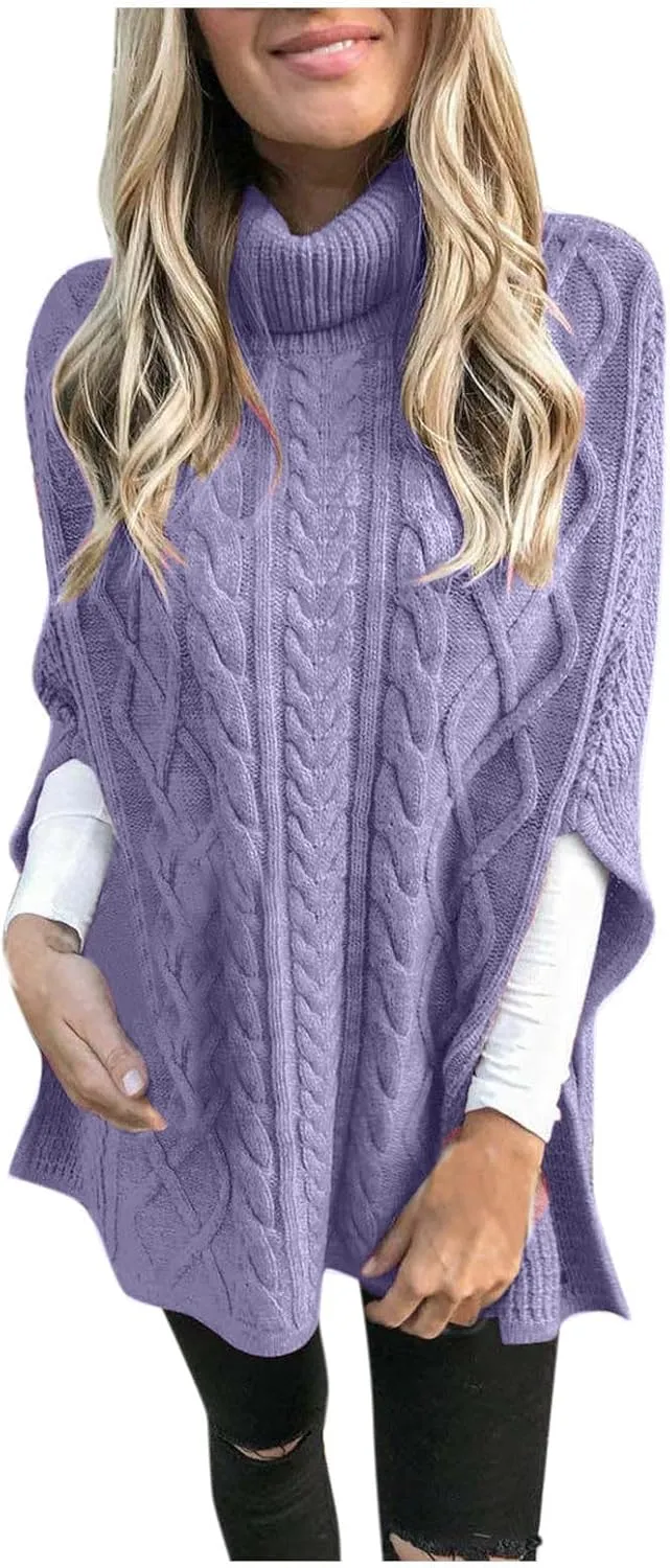 Women Turtleneck Sweaters Split Hem Pullover Knit Sweater Tops Cape Turtleneck Poncho Sweater Women