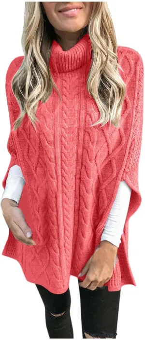 Women Turtleneck Sweaters Split Hem Pullover Knit Sweater Tops Cape Turtleneck Poncho Sweater Women