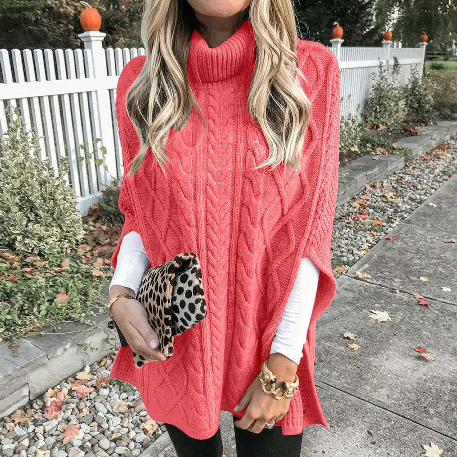 Women Turtleneck Sweaters Split Hem Pullover Knit Sweater Tops Cape Turtleneck Poncho Sweater Women
