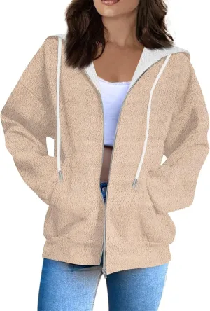 Women Winter Hoodies Zip Up Fleece Warm Sweatshirts Jacket Drawstring Long Sleeve Fleece Lined Hoodie Sweatshirt