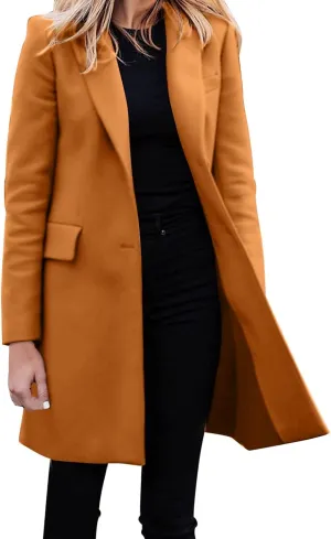 Women Winter Wool Blend Coats Thick Mid-Long Coat Single BreastedNotch Lapel Trench Jacket Elegant Pea Coat Outwear