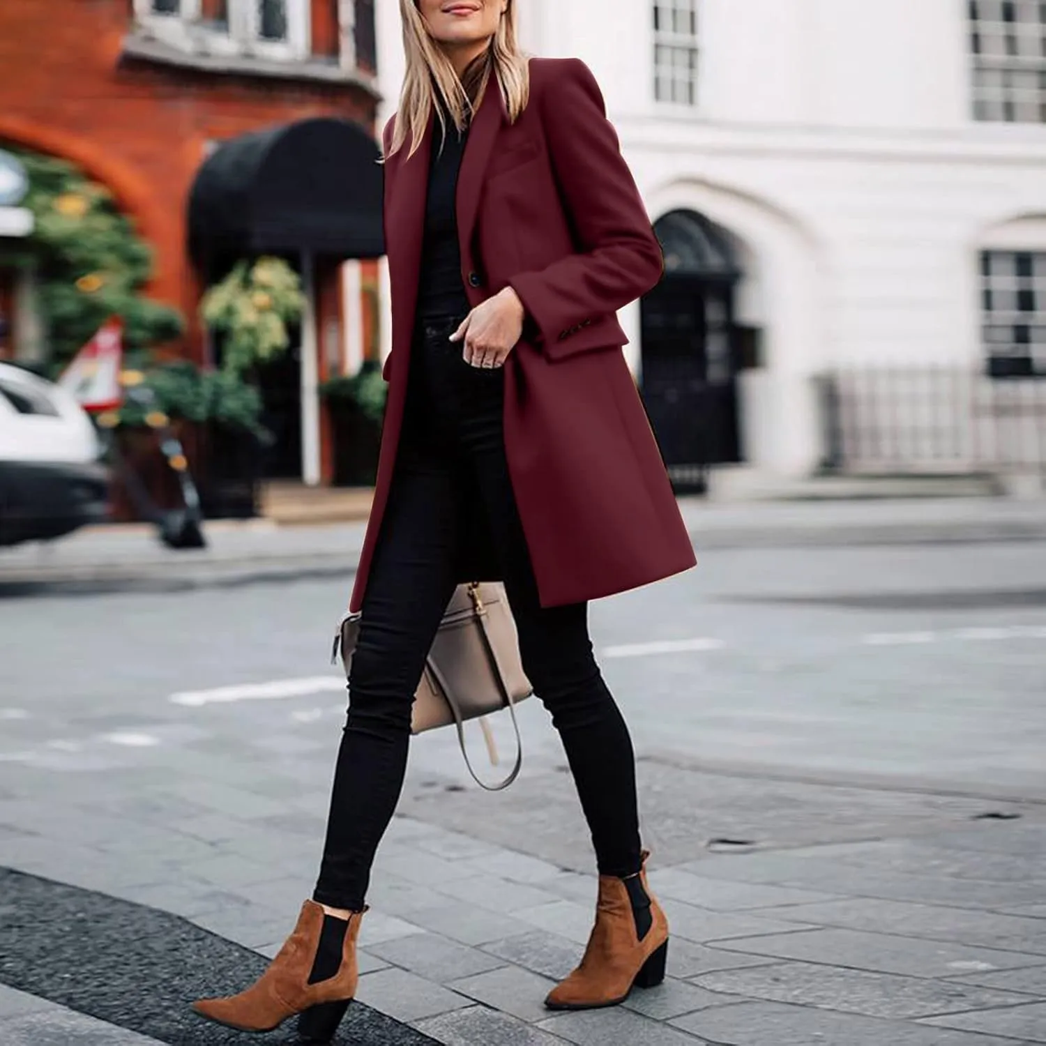 Women Winter Wool Blend Coats Thick Mid-Long Coat Single BreastedNotch Lapel Trench Jacket Elegant Pea Coat Outwear