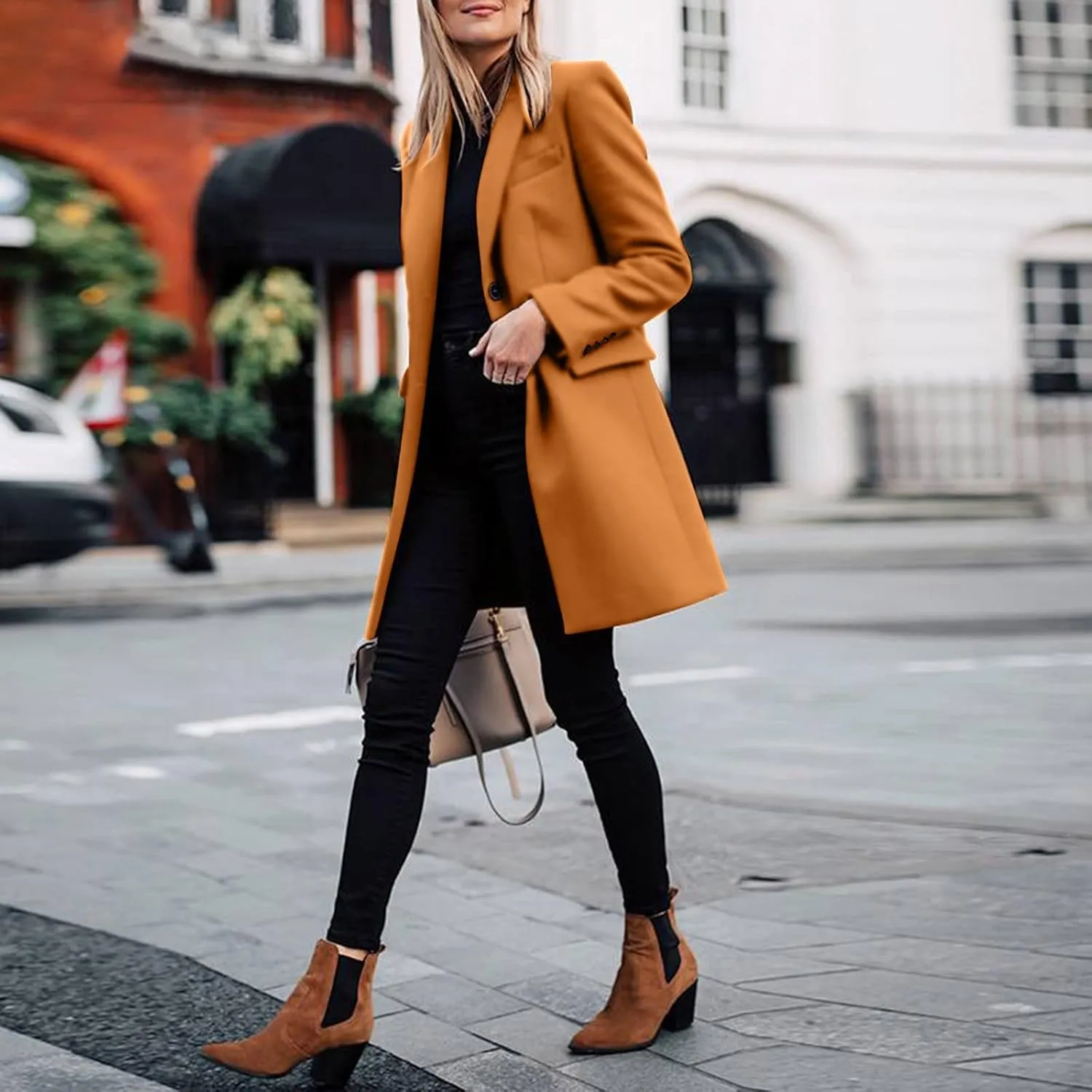 Women Winter Wool Blend Coats Thick Mid-Long Coat Single BreastedNotch Lapel Trench Jacket Elegant Pea Coat Outwear
