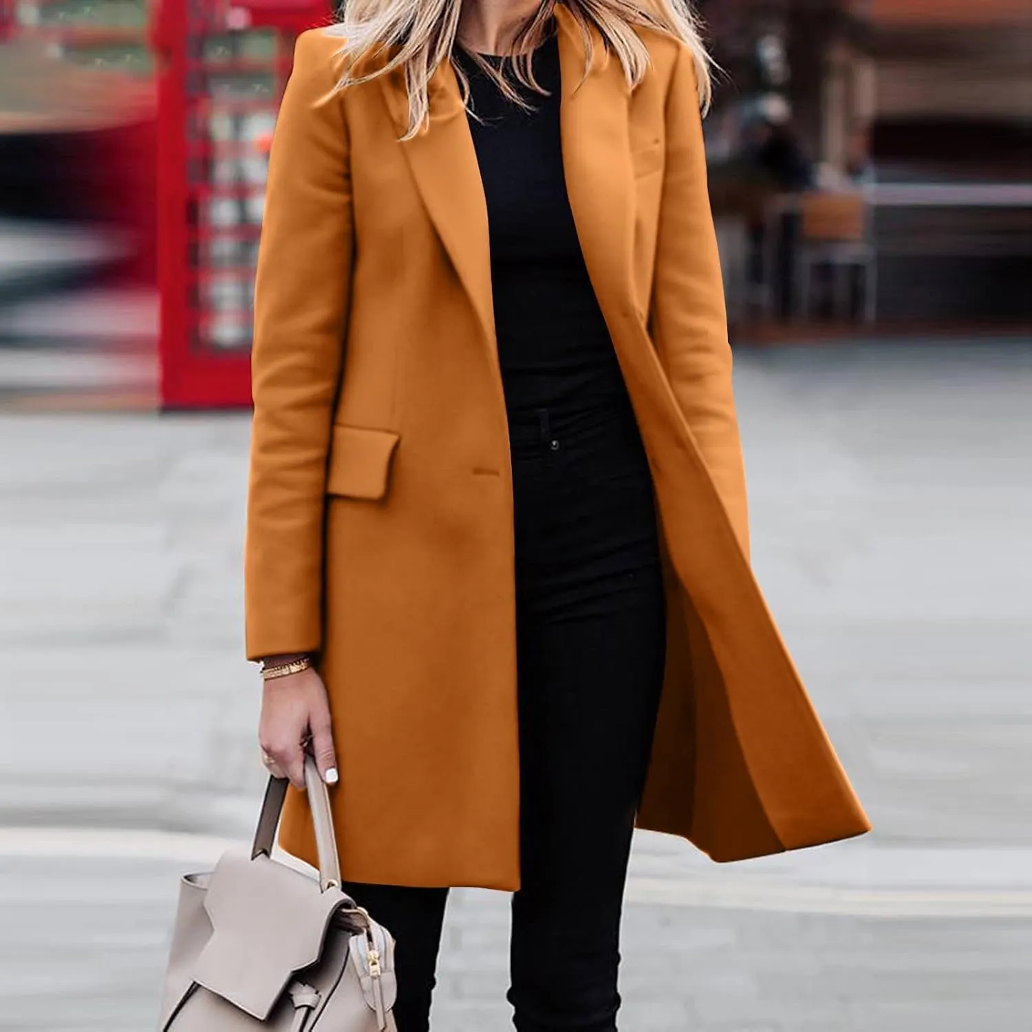 Women Winter Wool Blend Coats Thick Mid-Long Coat Single BreastedNotch Lapel Trench Jacket Elegant Pea Coat Outwear